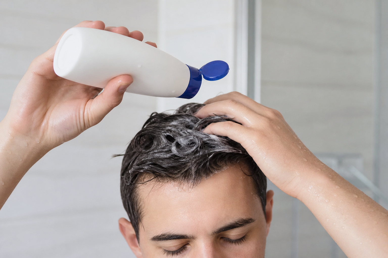 Applying anti-dandruff shampoo to the scalp