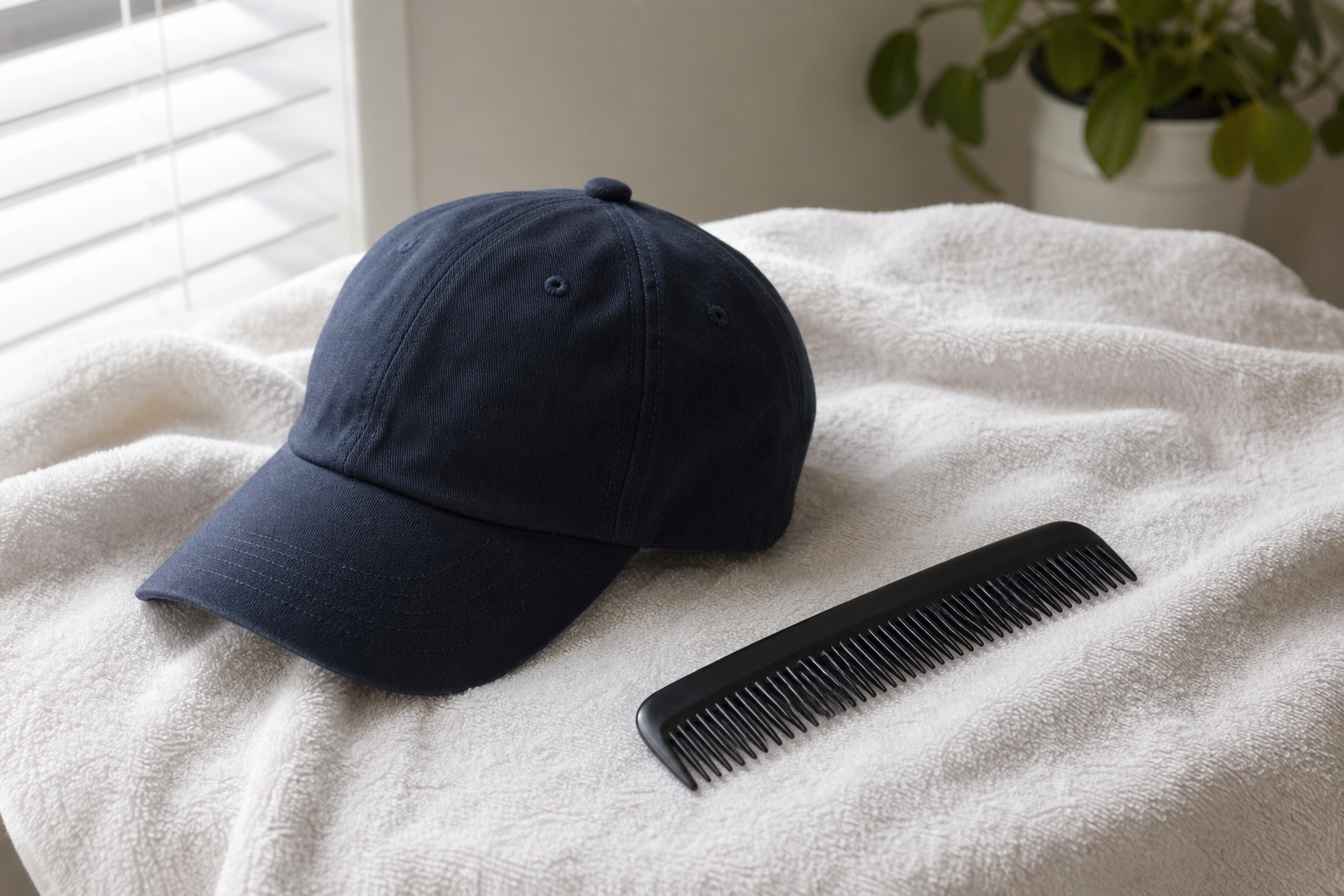 Clean cap and comb drying on a towel