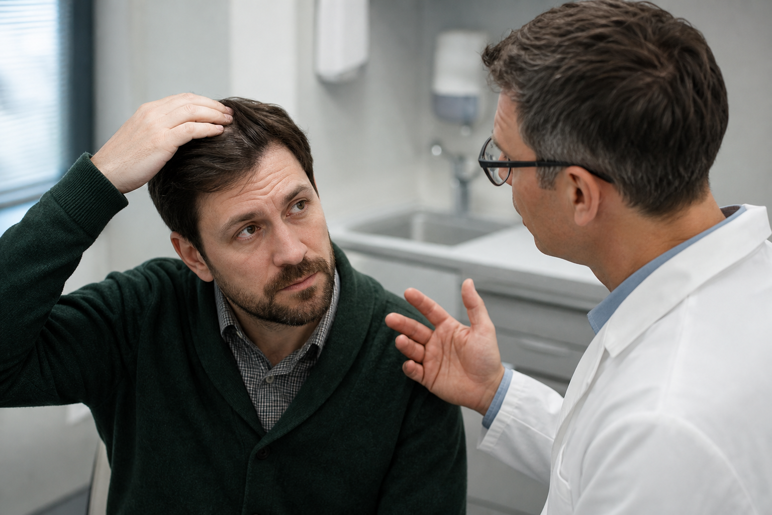 Man discussing ongoing scalp symptoms with a dermatologist