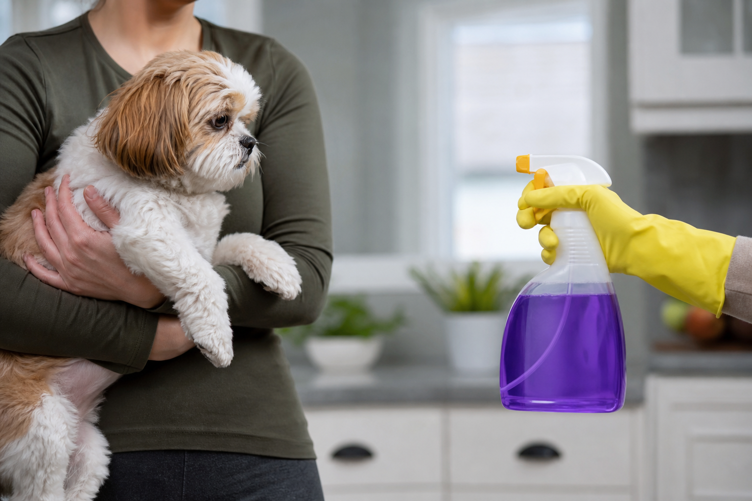Dog kept away from household cleaning spray