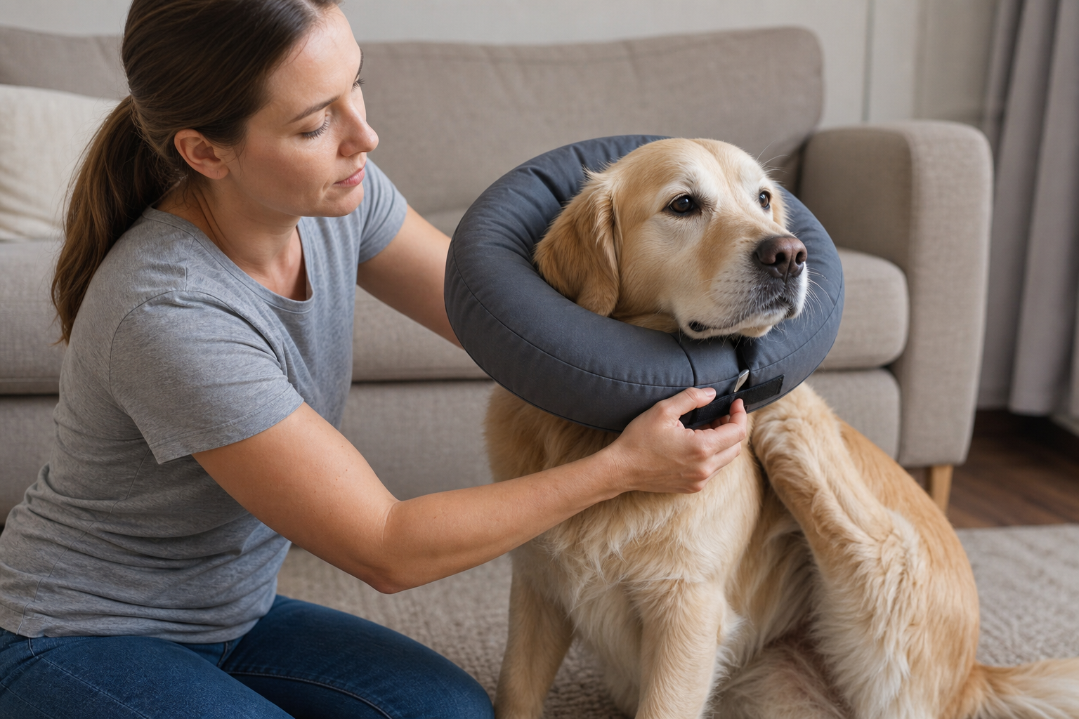 Dog wearing soft recovery collar under owner supervision
