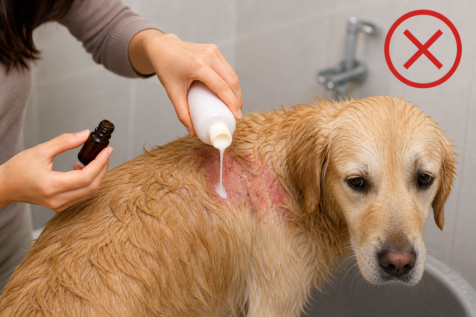 Unsafe human shampoo near irritated dog skin