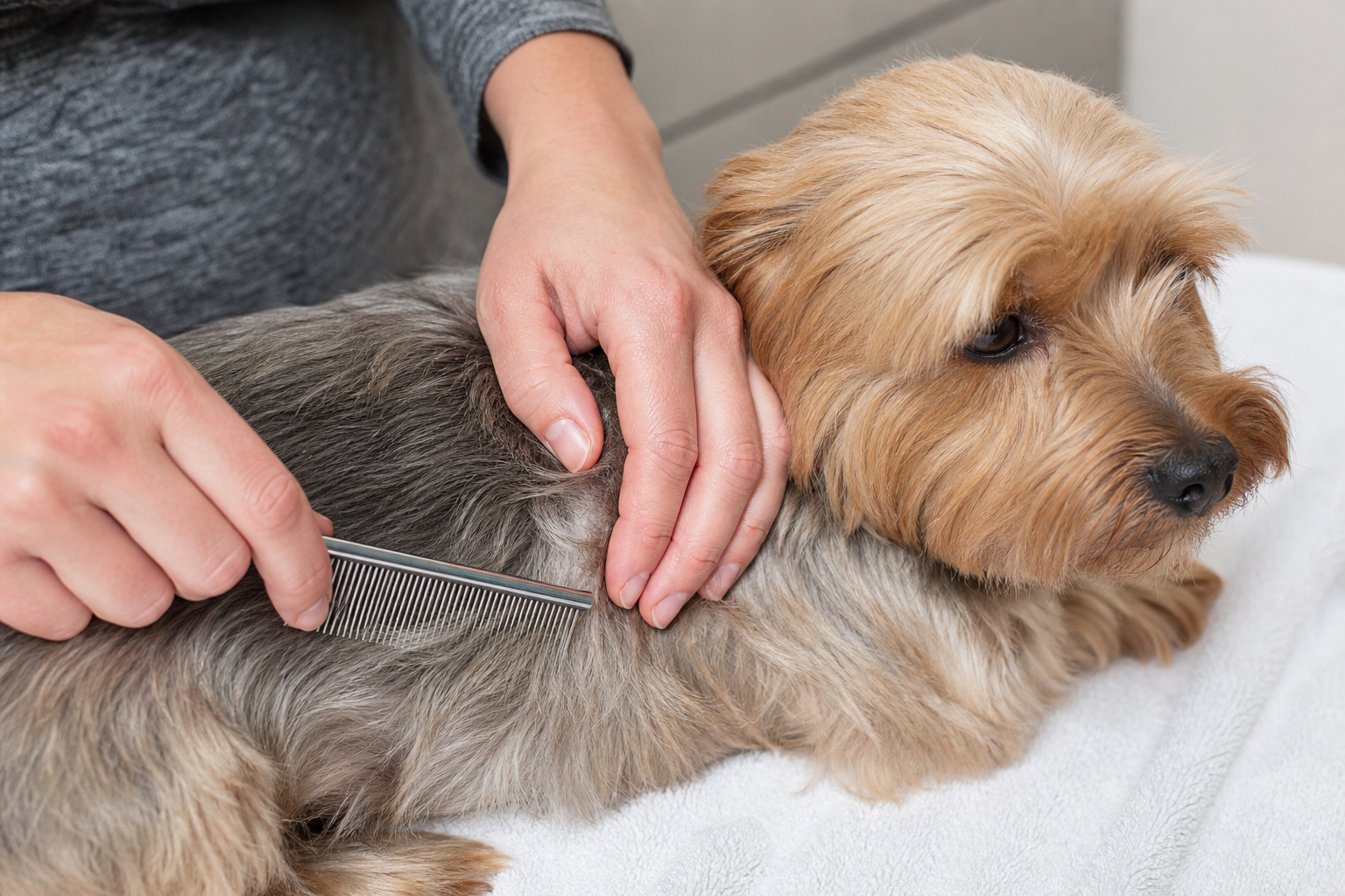 Flea comb used gently through dog's coat