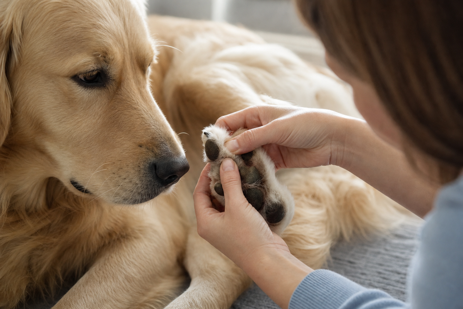 Owner gently checking dog's paw pads and toes