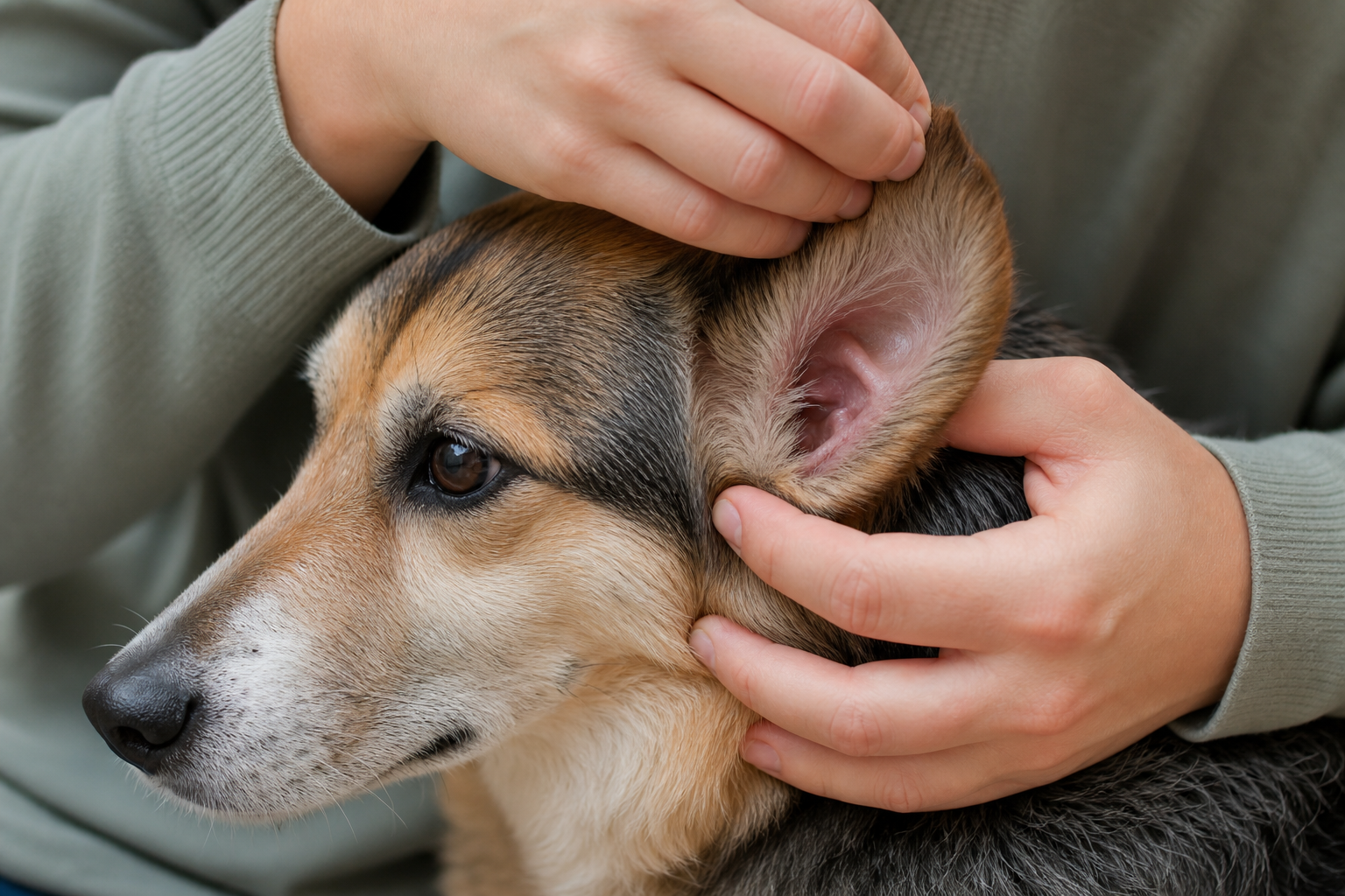Gentle inspection of dog's outer ear