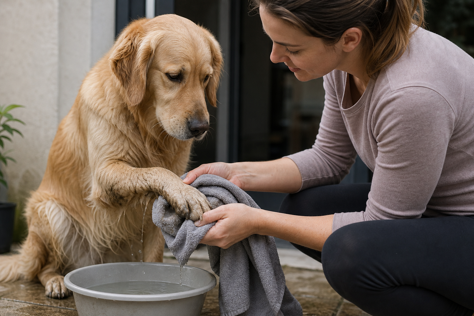 Dog paw rinsed and towel dried after walk