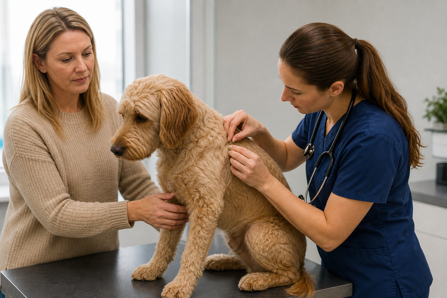 Veterinarian examining dog's skin with owner present