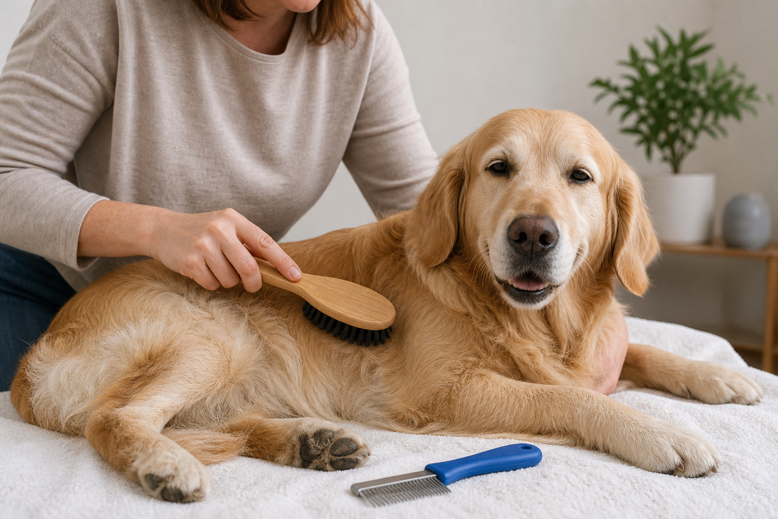 Dog gently brushed during routine coat check