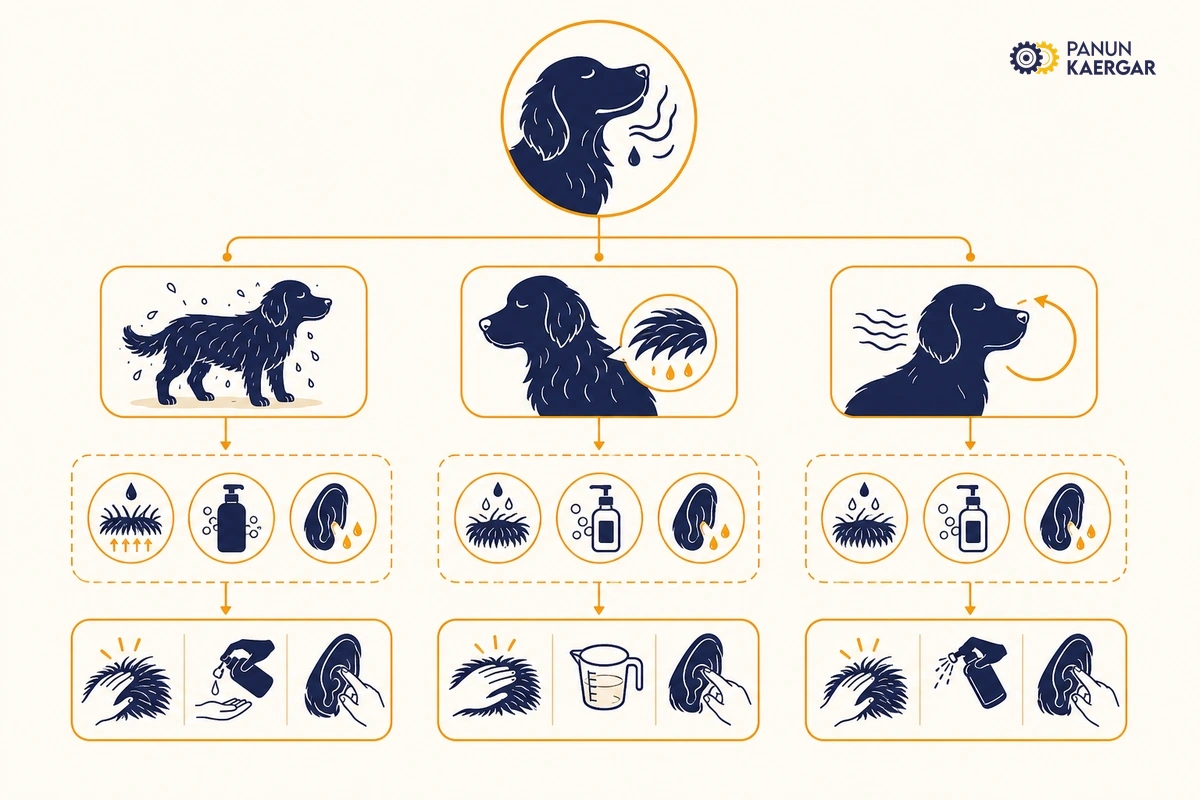 Diagnosis diagram for dog odour and bathing decisions at home