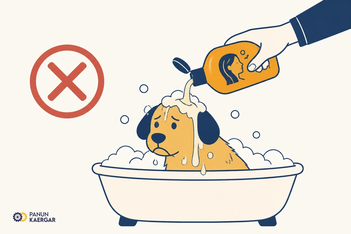 Human shampoo bottle being used on a dog in a bathtub