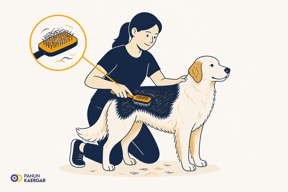 Brushing mud and loose hair from a dog's coat before a bath