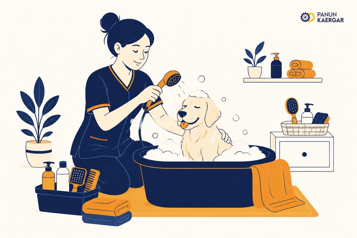 Professional pet groomer bathing a dog calmly at home