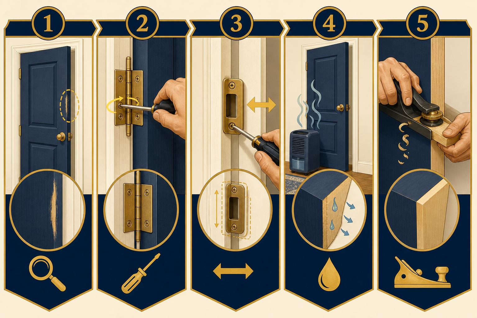 Five-step method ladder for sticking door