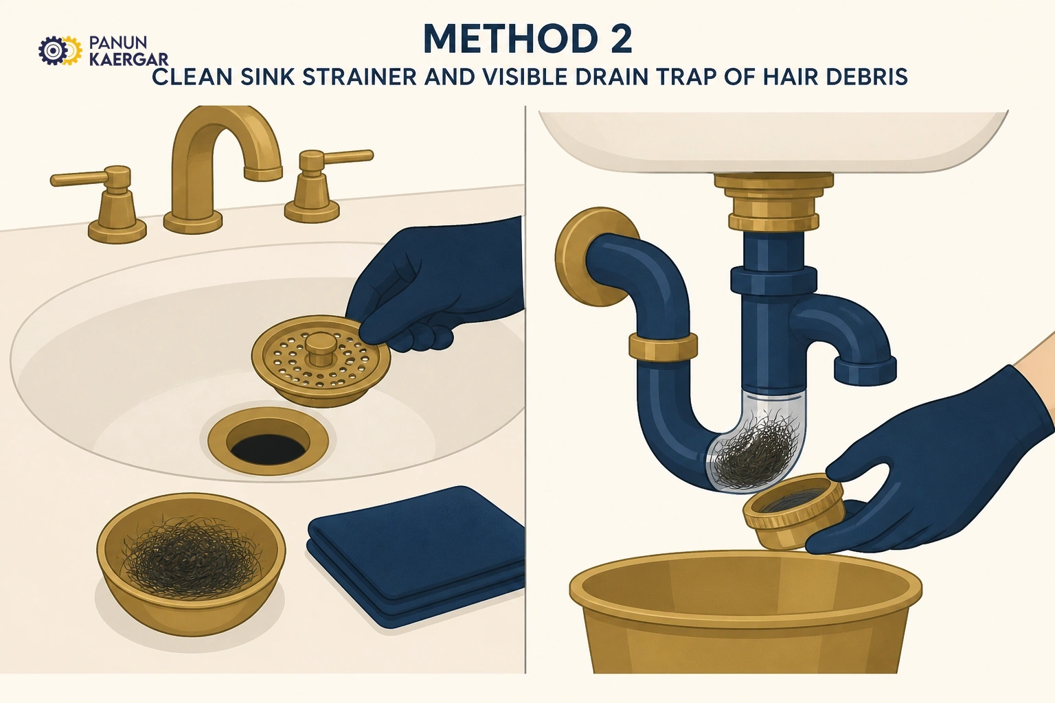 Clean strainers and visible traps — Remove hair and debris; wash the strainer and flush with hot water