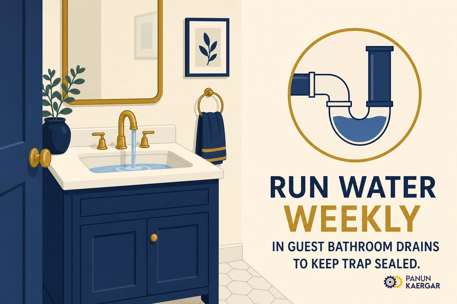 Pouring water into a guest bathroom floor drain to keep the trap sealed