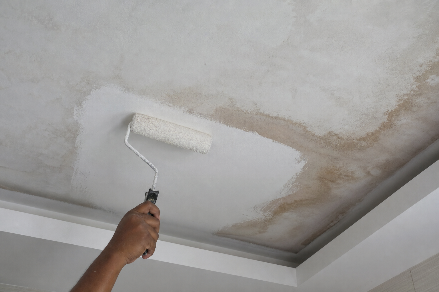 Painting over active water damage on ceiling