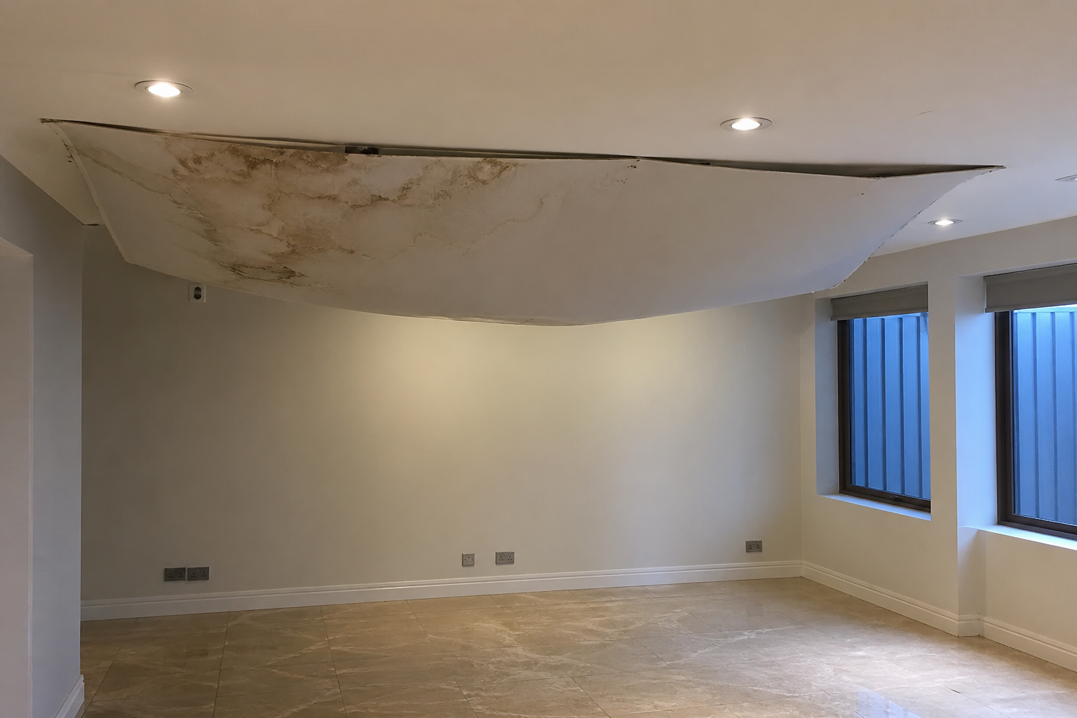 Sagging water-damaged false ceiling viewed from clear area
