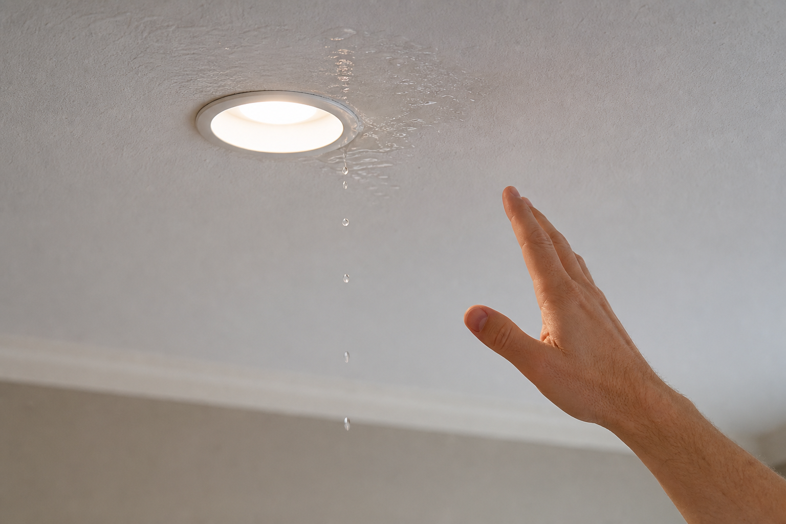 Water dripping near recessed ceiling light