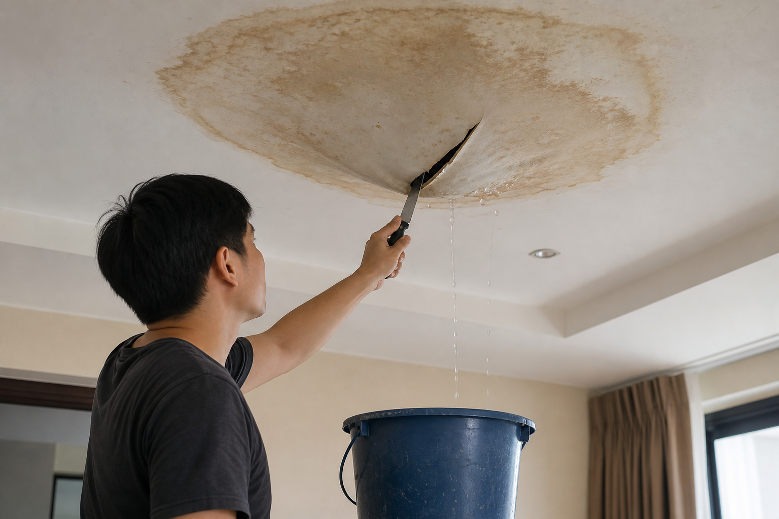 Unsafe attempt to cut into sagging water damaged false ceiling