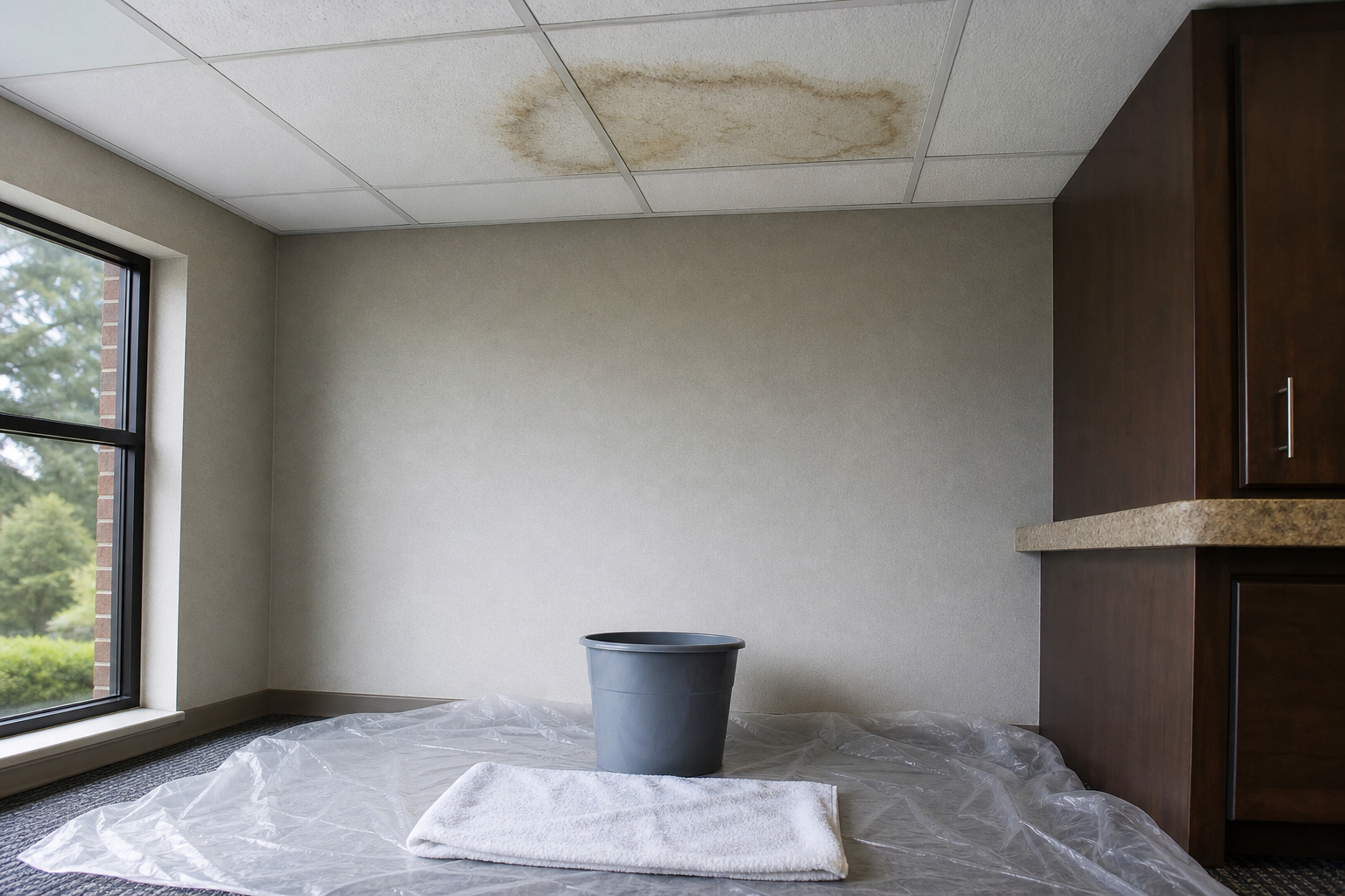 Protected floor and bucket below a water-stained ceiling