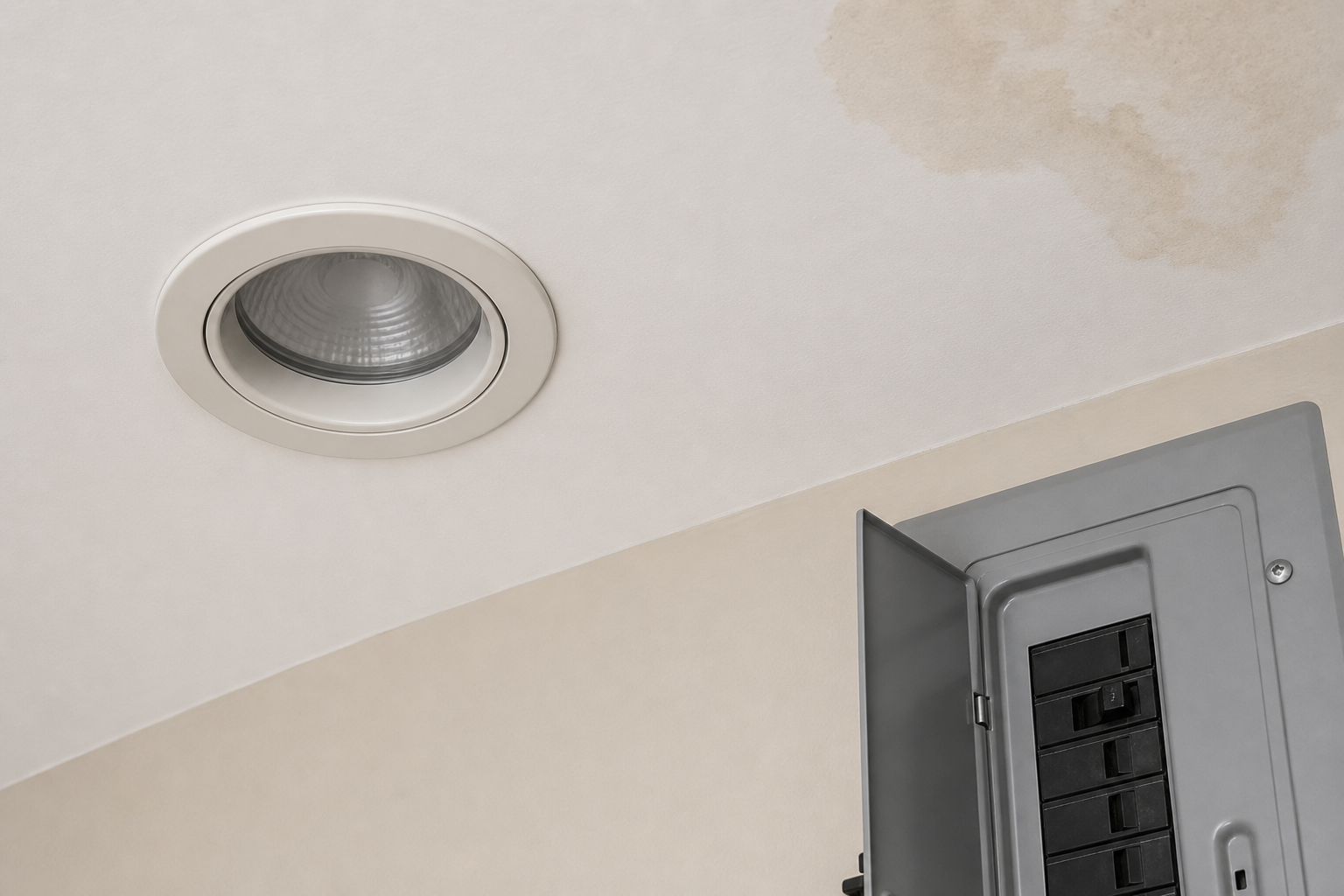 Ceiling water stain safely separated from switched-off electrical circuit