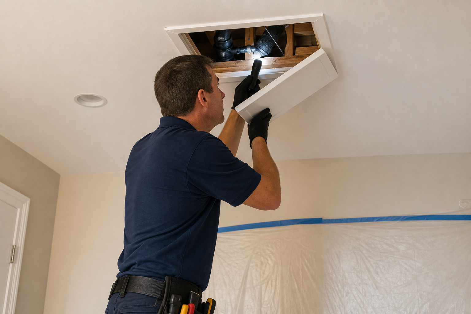 Professional inspecting false ceiling access hatch and pipework