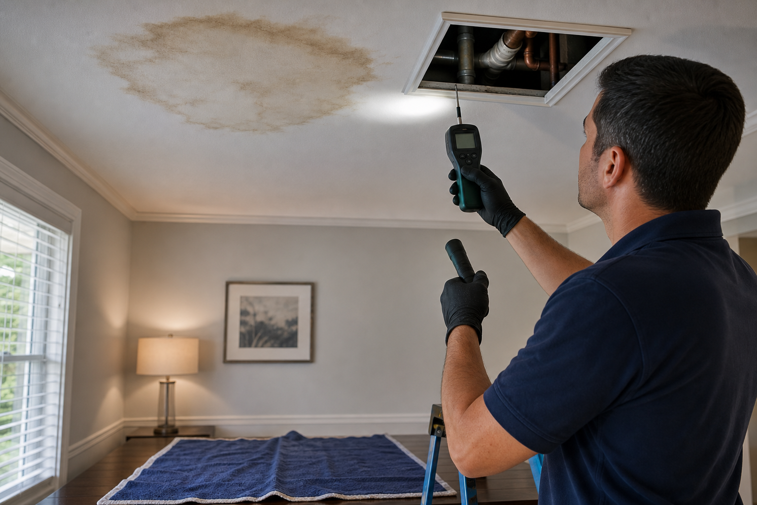 False ceiling stain assessment with protected floor and inspection access