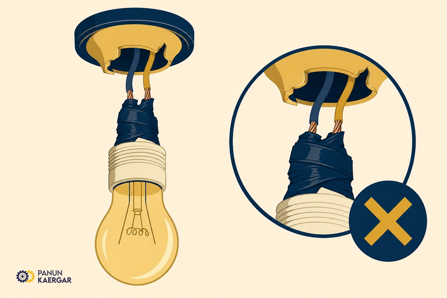 Electrical tape bypassing a damaged light bulb holder with exposed wires
