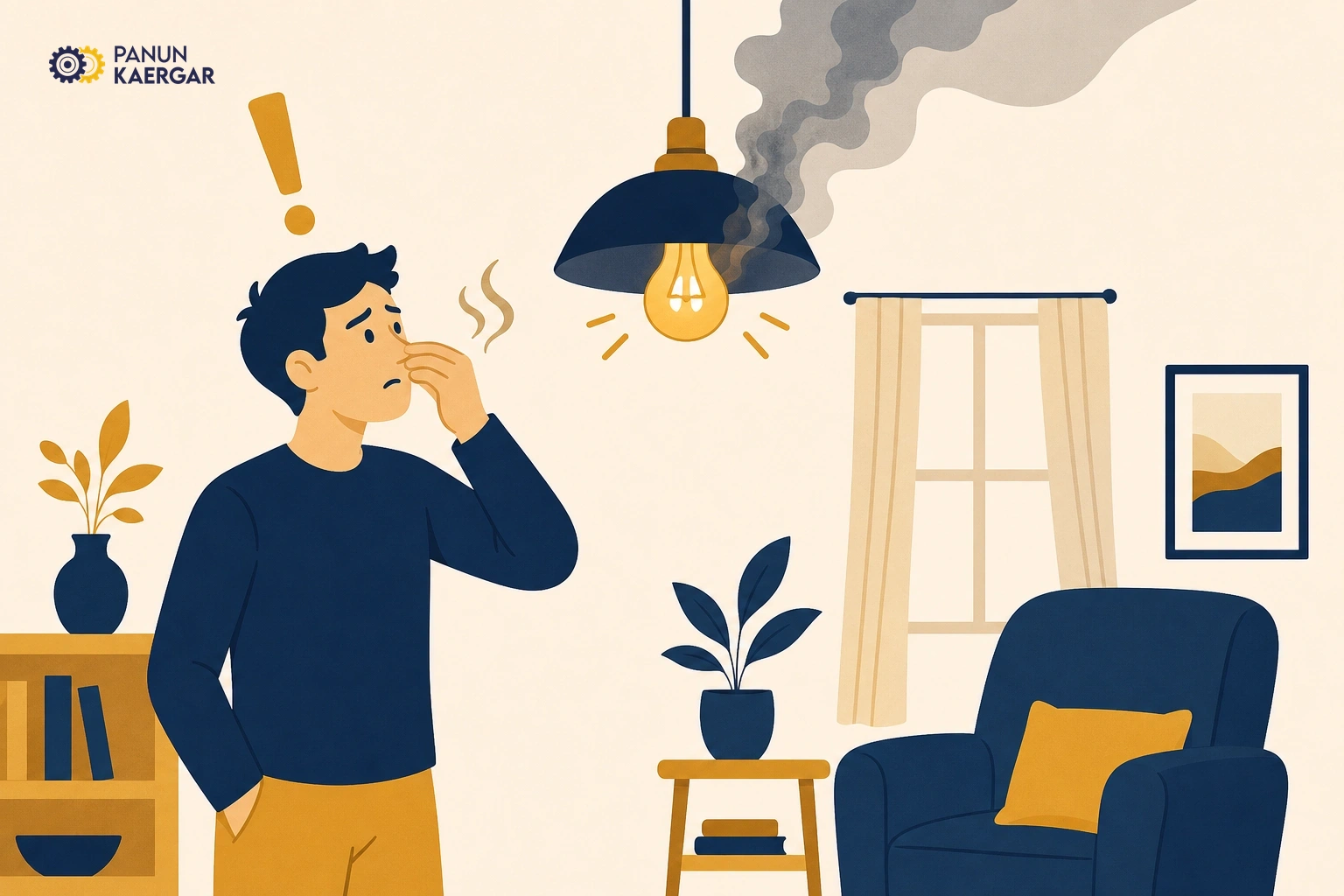 Flickering light fitting with faint smoke wisps and scorch mark while family ignores it