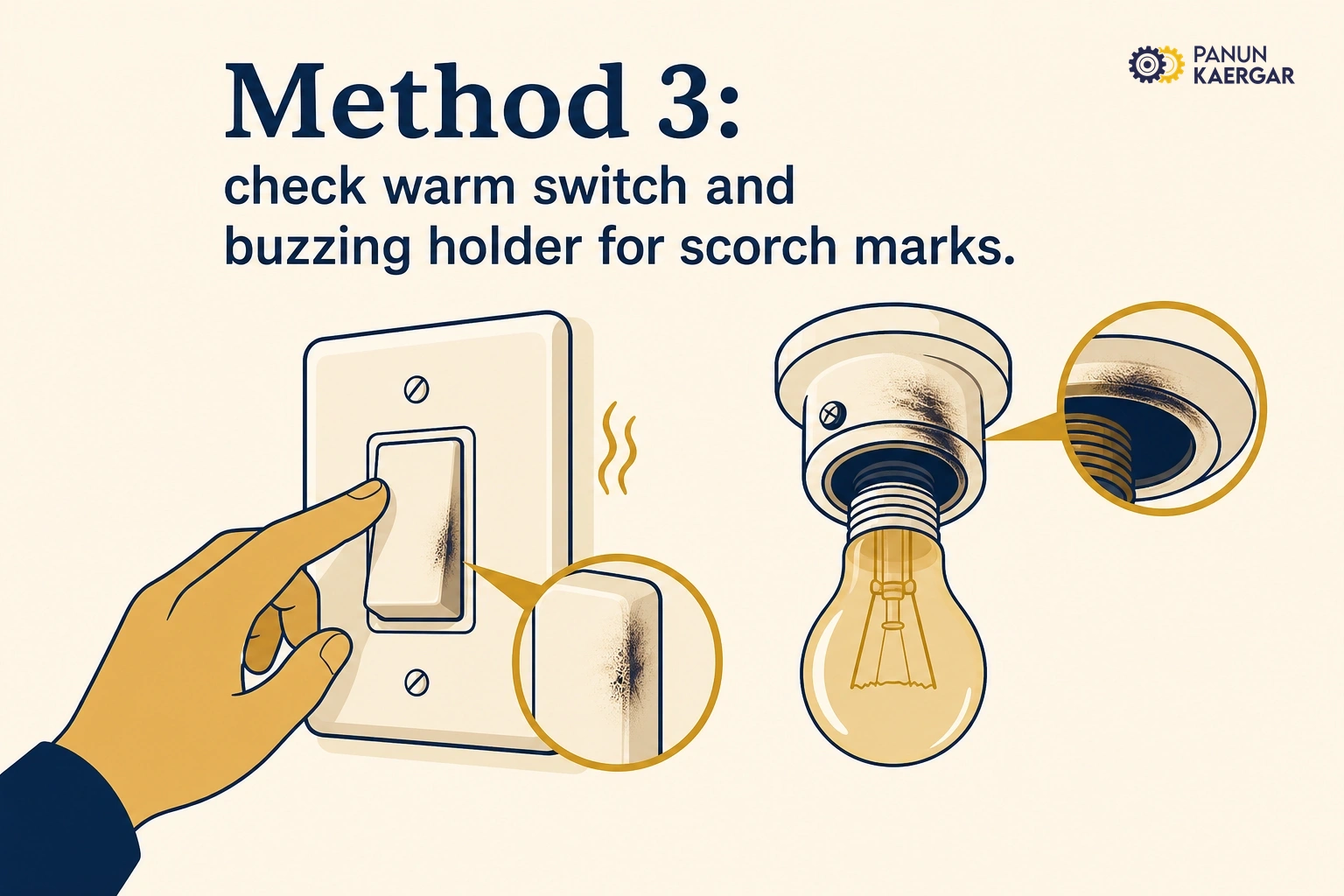 Listen and feel — Warm switches, buzzing holders, or scorch marks are not bulb problems