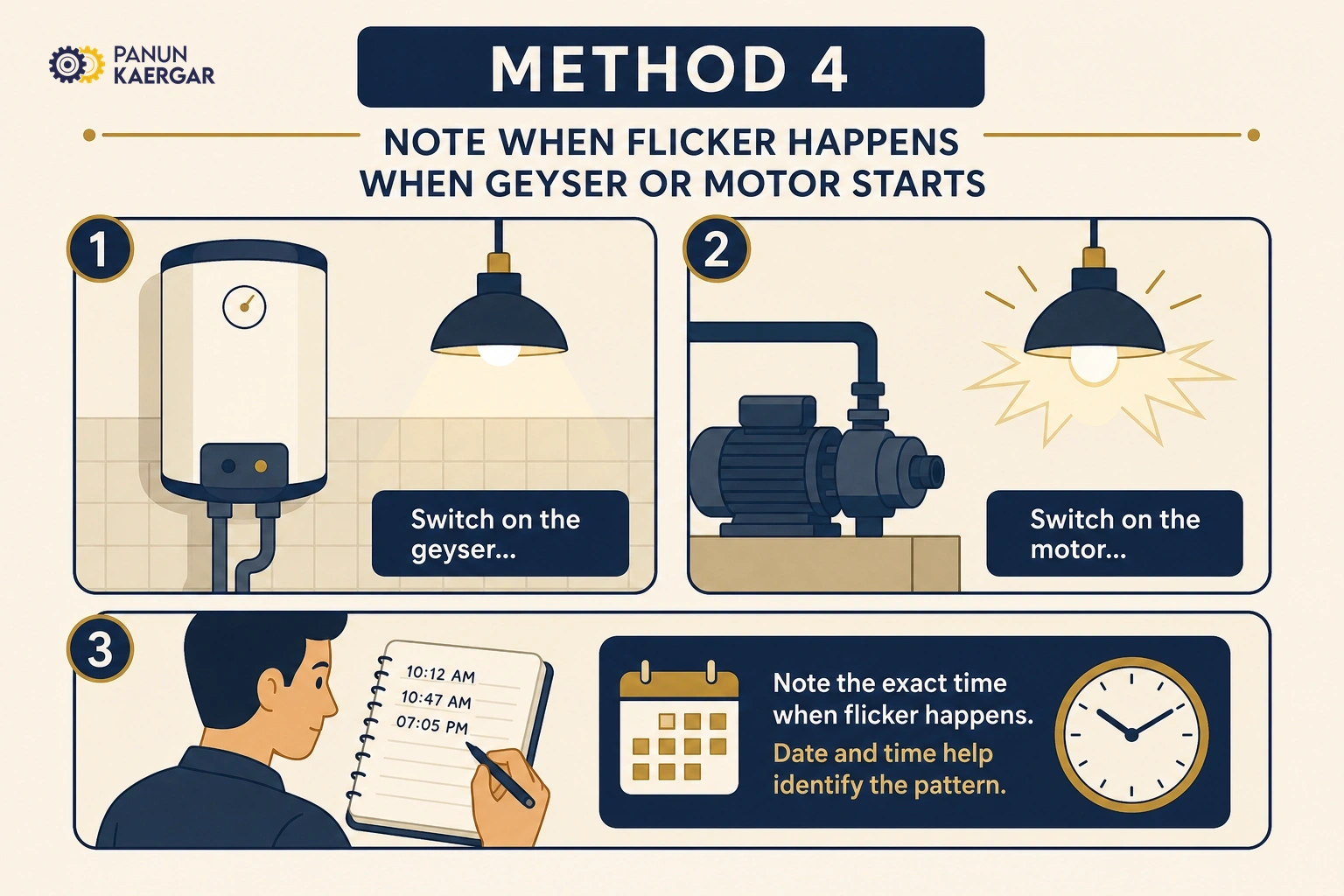 Note the pattern — Write down whether it happens when the geyser, heater, or motor starts
