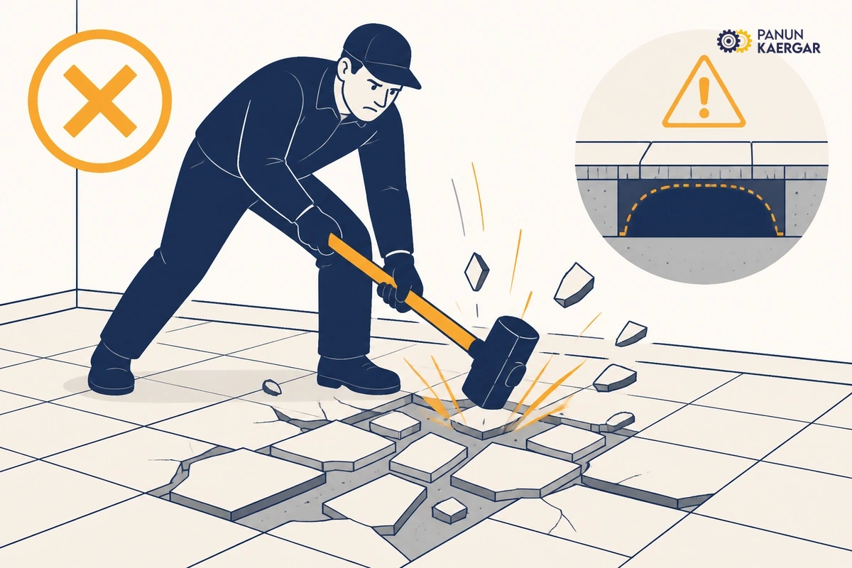 Hammer smashing random floor tiles without tap-test marks