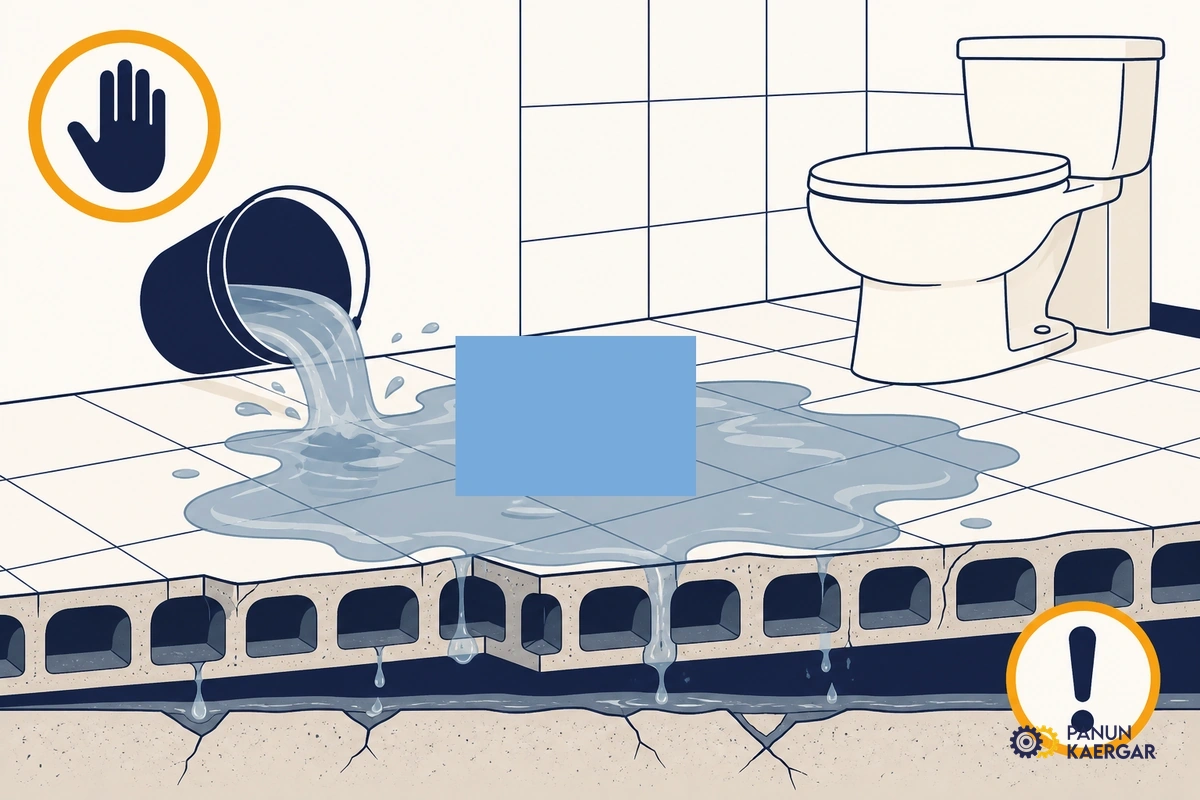 Bucket of water poured onto hollow bathroom floor tiles