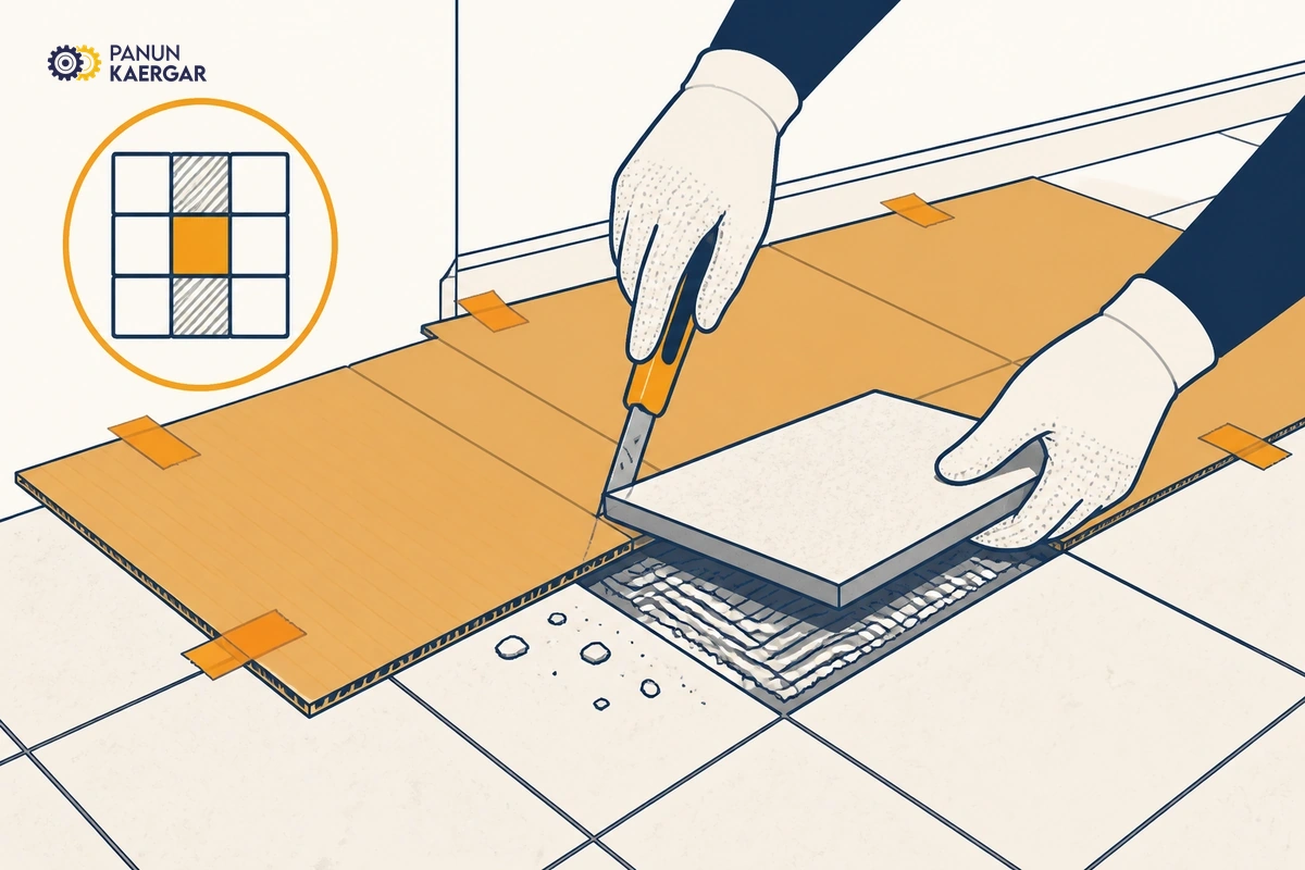 Protect neighbours before lifting — Score grout, protect nearby good tiles, and lift the failed piece carefully instead of ...
