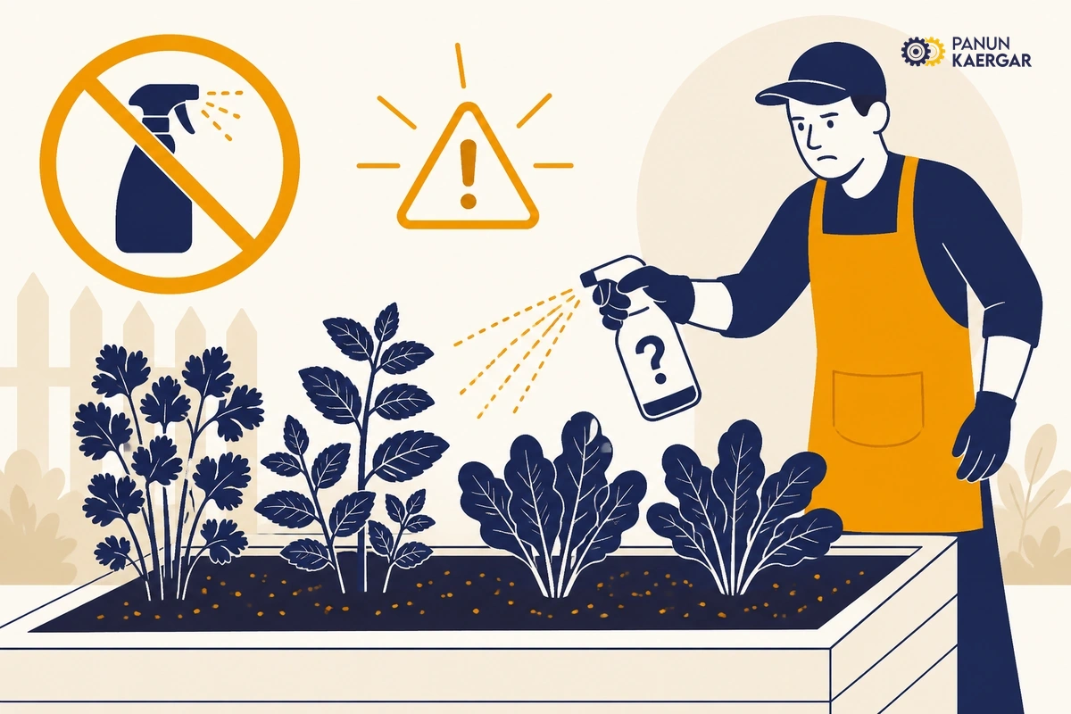 Person spraying unmarked herbicide bottle onto vegetable bed beside coriander