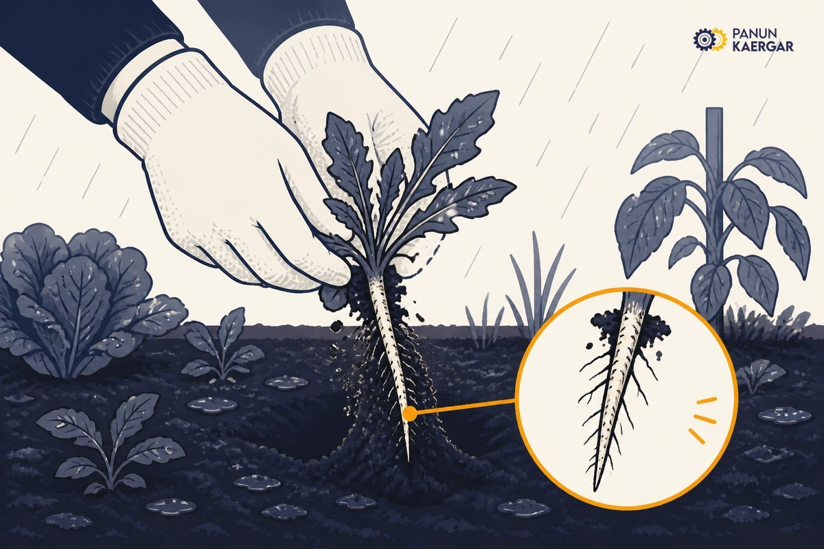 Pull after rain with the root — Wet soil lets taproots slide out whole; a dry tug snaps the crown and the same plant re...