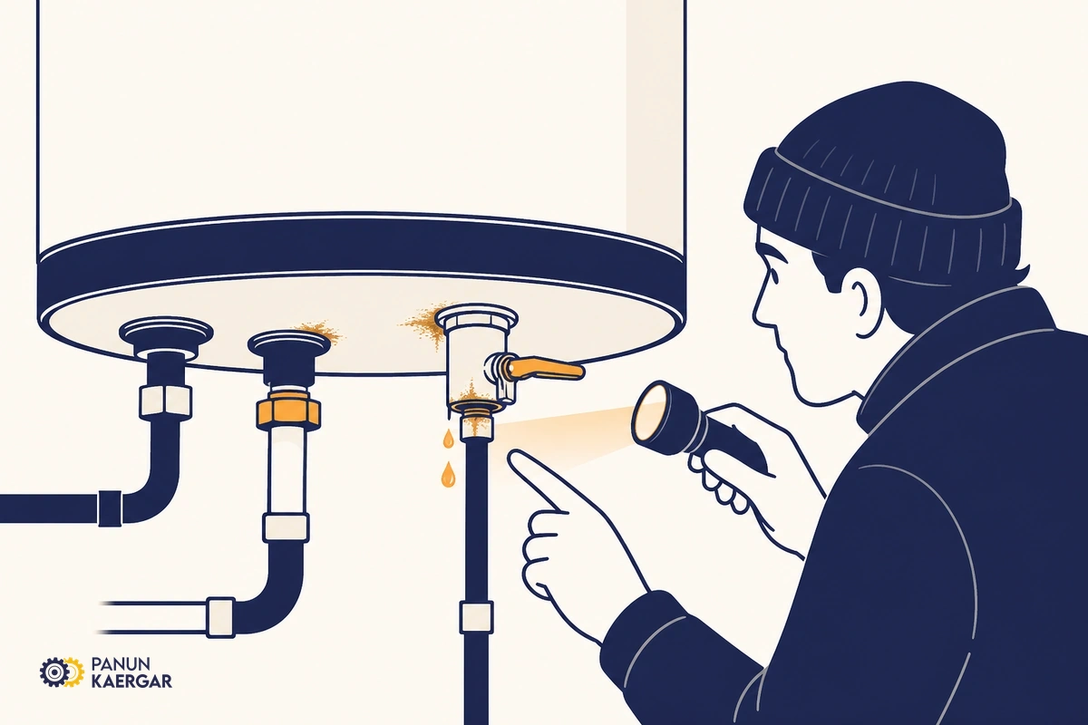 Look for leaks and valve drip — Inspect the tank base, pipe joints, and pressure relief valve for active dripping or ru...