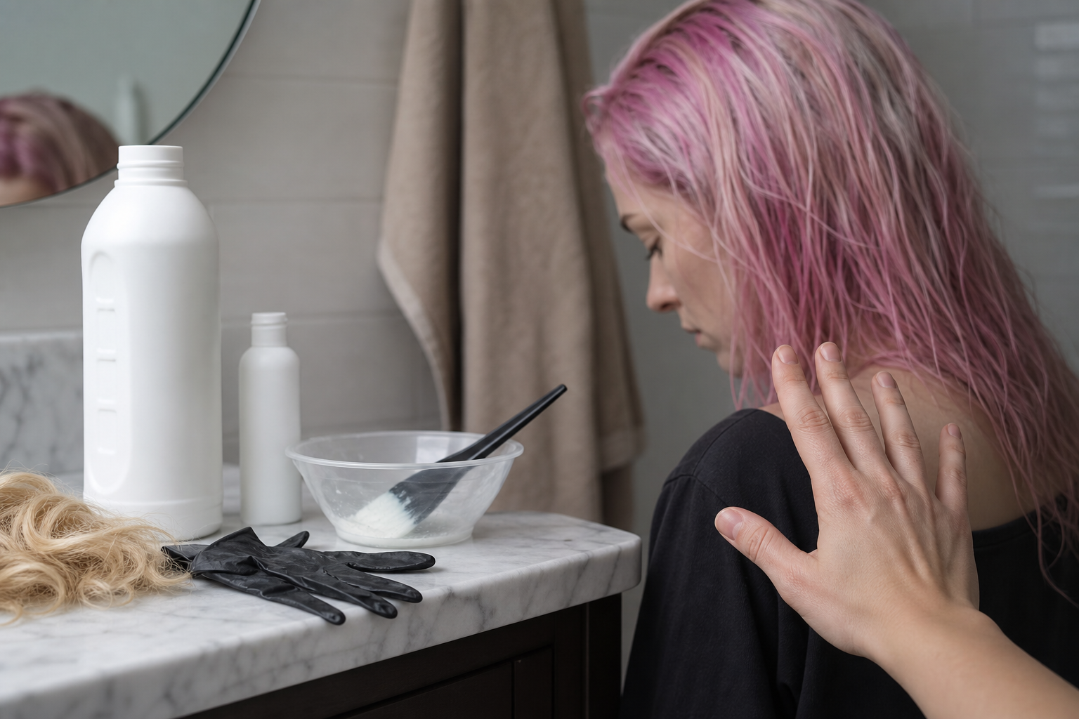 Home bleach supplies near damaged coloured hair