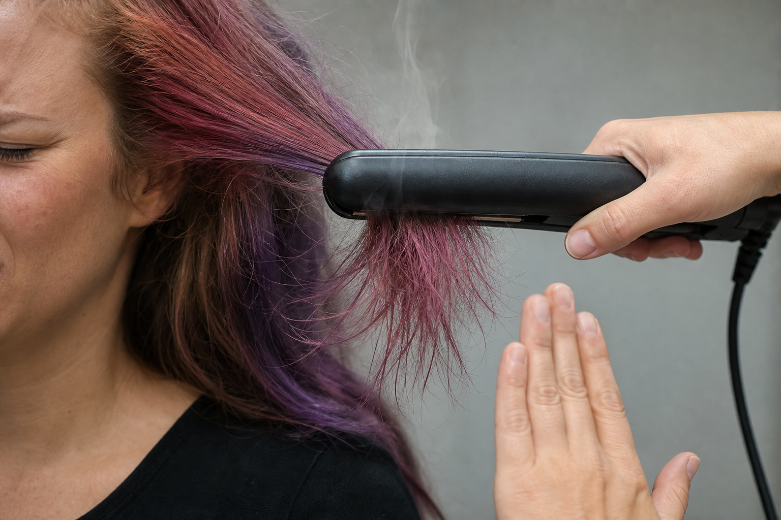 Hot straightener on fragile coloured hair