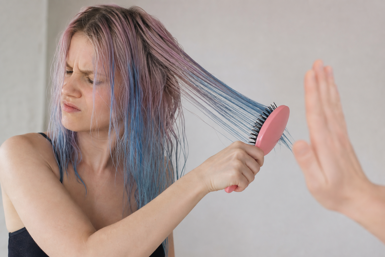 Aggressively brushing wet fragile coloured hair