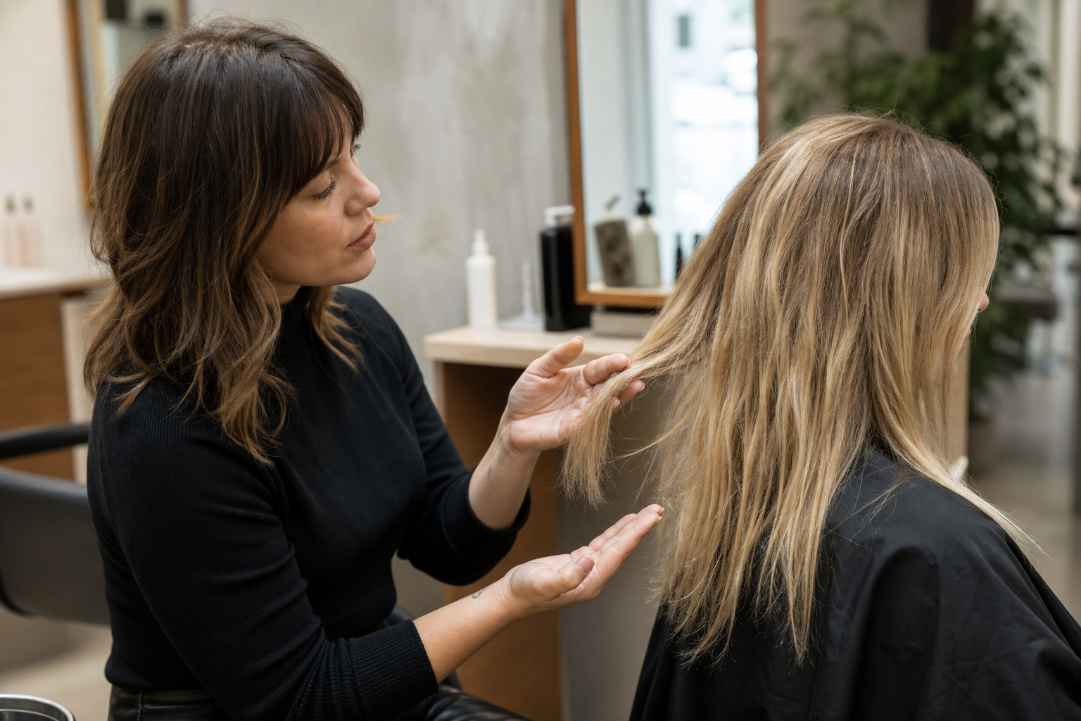 Colourist assessing fragile coloured hair before further service