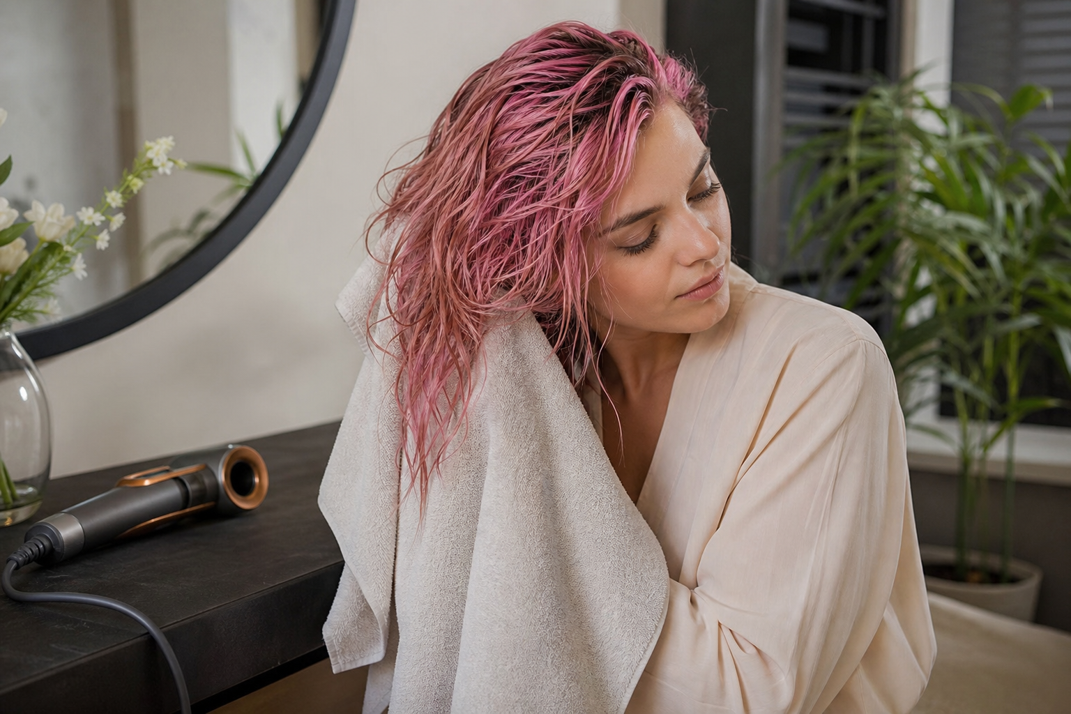 Gently towel drying coloured hair with heated styling tool switched off