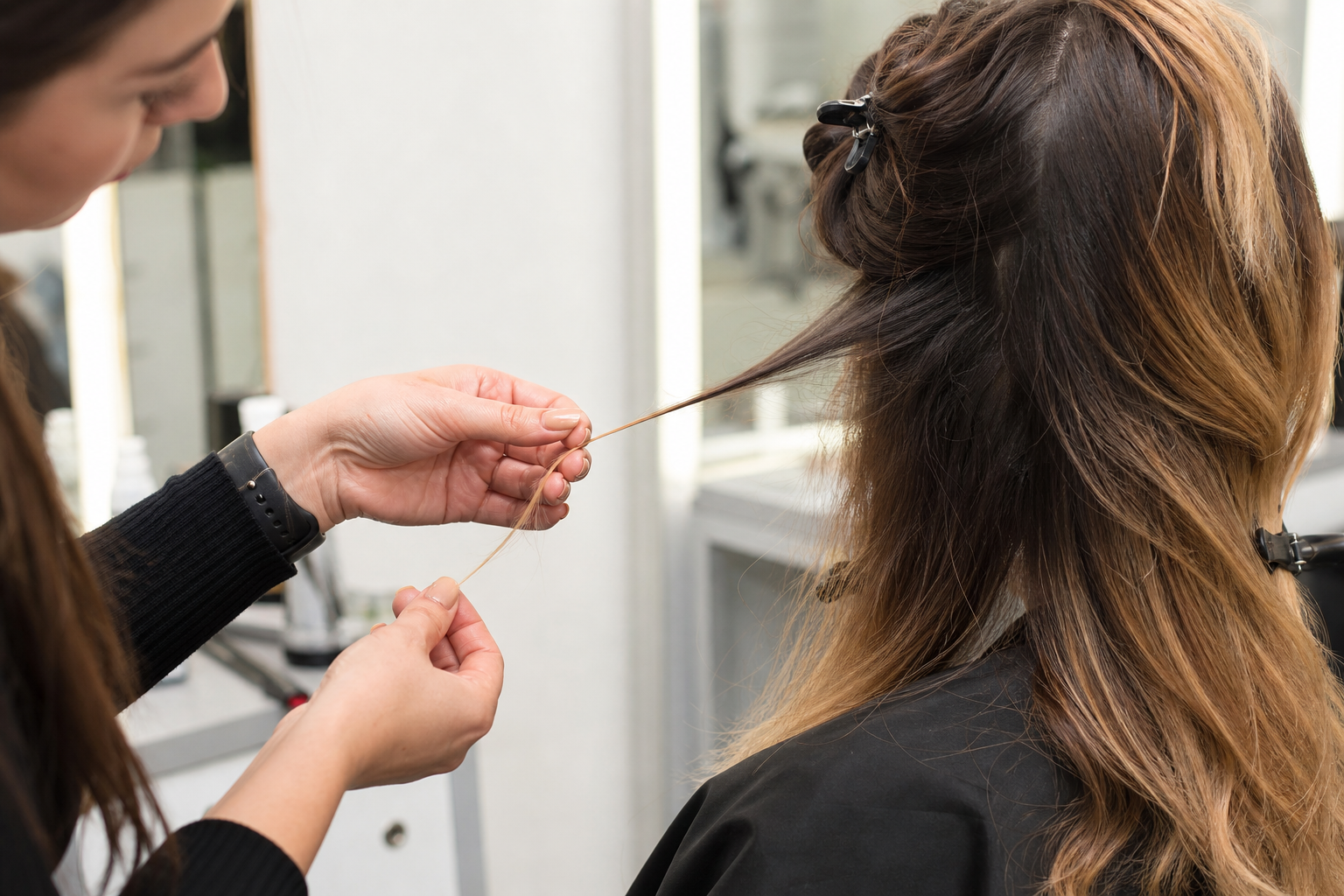 Colourist doing a careful strand elasticity test