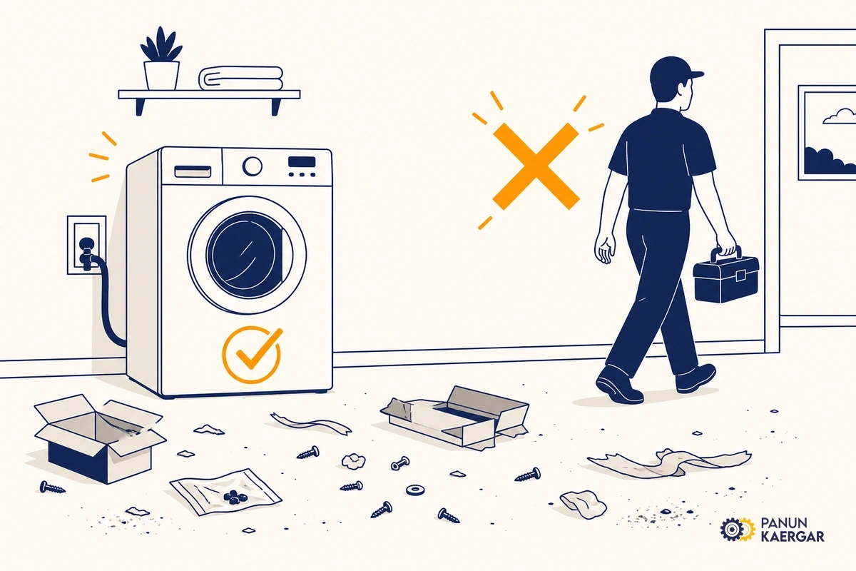 Technician cleaning the work area after completing a home repair