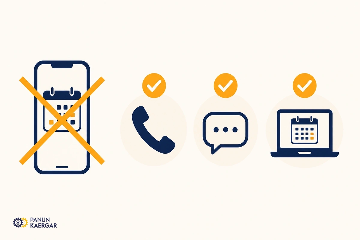 Phone WhatsApp website form and app icons as equal booking options