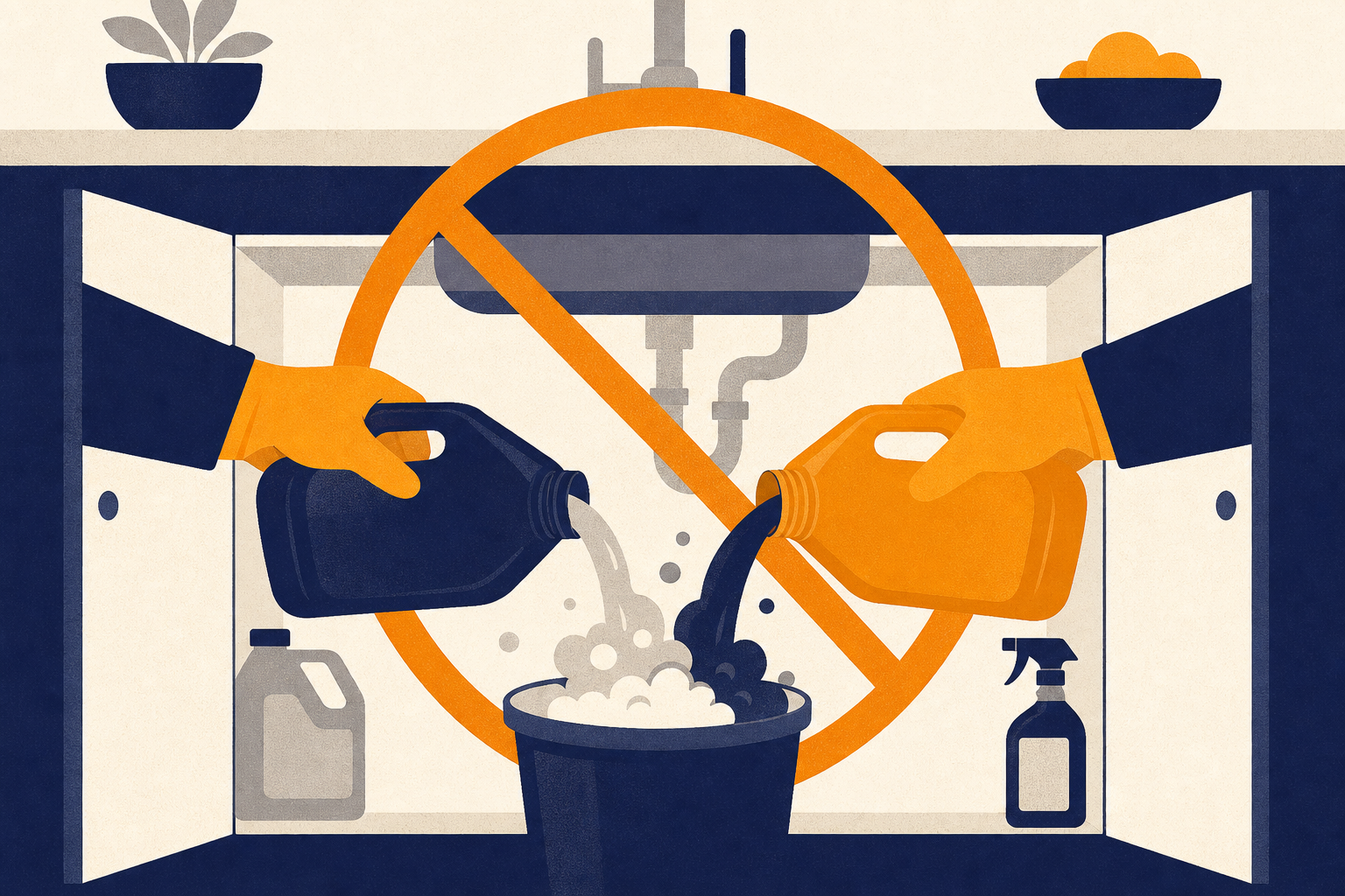 Two chemical drain cleaners mixed under a sink with a stop warning