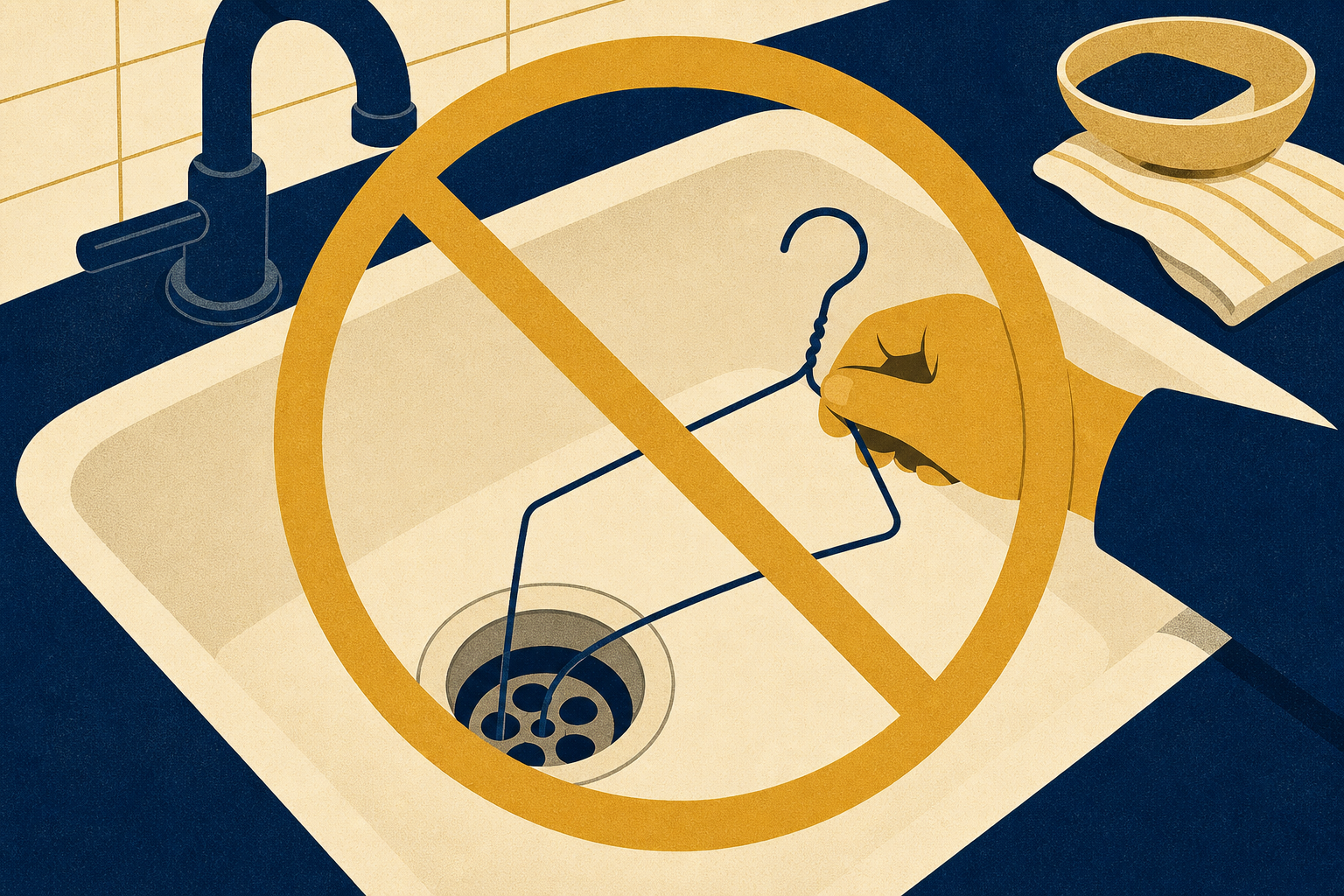 Wire hanger being forced into a kitchen drain with stop warning