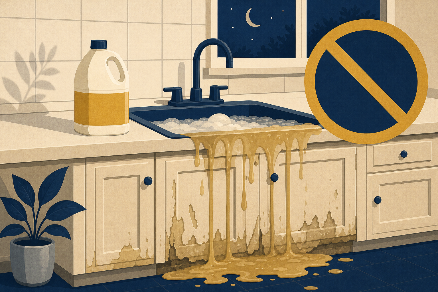 Overflowing sink with chemical cleaner left overnight and stop warning