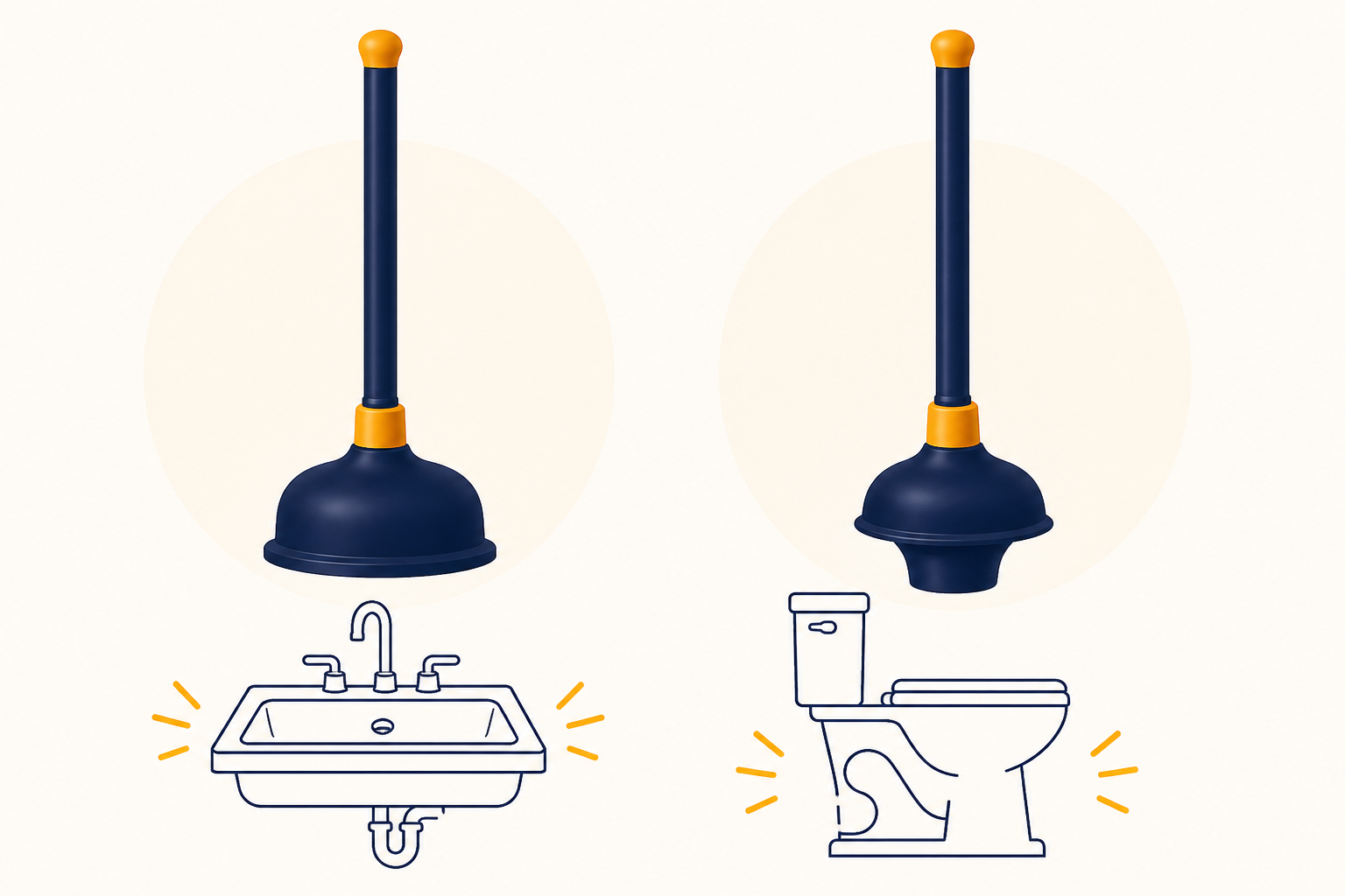 Comparison of a flat cup plunger for sinks versus a flanged toilet plunger