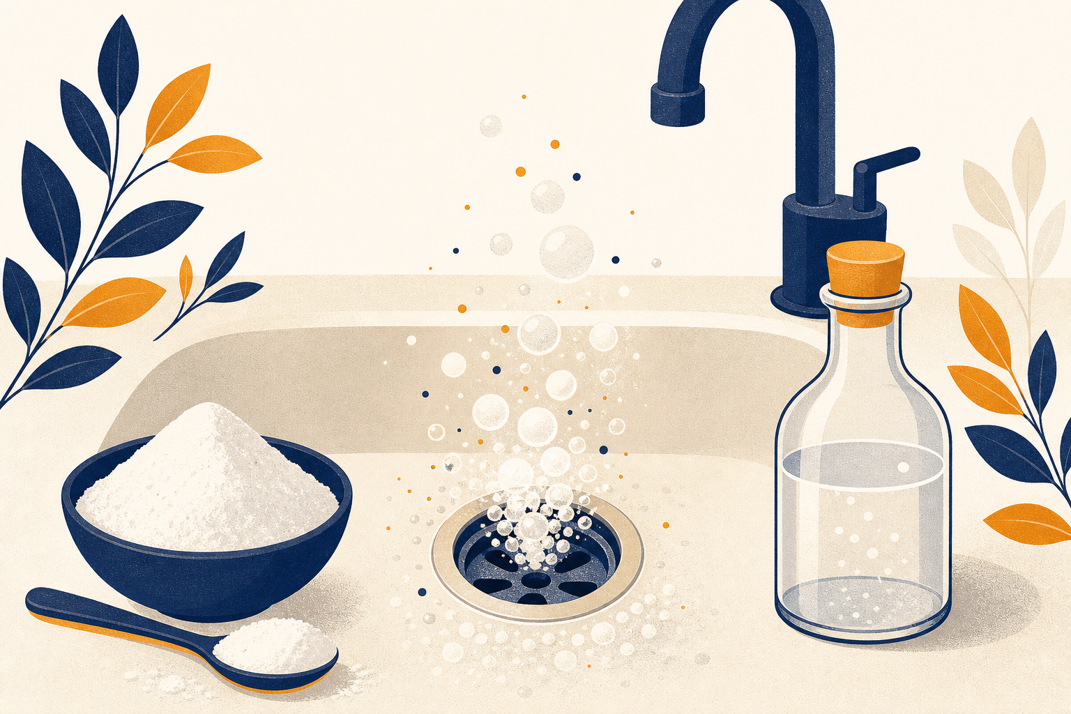 Baking soda and vinegar fizzing into a kitchen sink drain